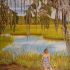 Oil painting titled "Harper's Independance" of a little girl by a body of water.